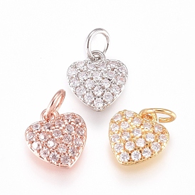 Brass Charms, with Micro Pave Cubic Zirconia and Jump Rings, Heart