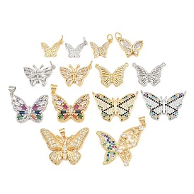 Brass Micro Pave Cubic Zirconia Pendants, Butterfly Charms, Long-Lasting Plated, Lead Free & Cadmium Free, Rack Plating