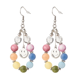Aretes colgantes de lágrima trenzada con piedras preciosas naturales 201 dijes de cara sonriente de acero inoxidable, 304 aretes colgantes grandes con envoltura de alambre de acero inoxidable para mujer