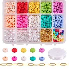 DIY Stretch Bracelets Making Kits, Flat Round & Round & Star 820Pcs Polymer Clay/ABS Plastic Beads, Brass Chains and Elastic Crystal Thread