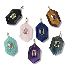 Подвески из натурального камня ограненные, шестиугольные подвески с латунными микропаве и фианитами кубического циркония случайного цвета, золотые