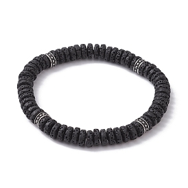 Natural Lava Rock & 304 Surgical Stainless Steel Disc Beaded Stretch Bracelet