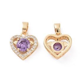 Brass Micro Pave Cubic Zirconia Charms, Heart, Clear & Purple