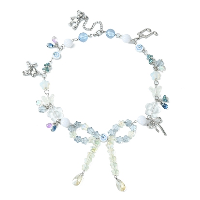 Alloy Bowknot & Dog & Bear Pendant Necklace, Acrylic & Glass Beaded Chains Exquisite Necklace for Women
