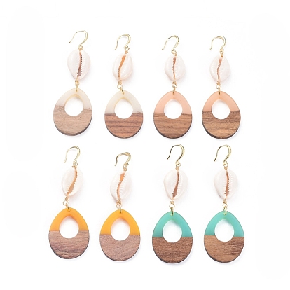 Dangle Earrings, with Resin & Wood Pendants, Cowrie Shell, Golden Plated Brass Earring Hooks, Copper Wire and Cardboard Packing Box, Teardrop