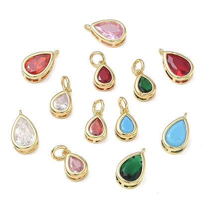 Brass Pave Cubic Zirconia Pendants, Teardrop Charms, Single Stone Charms, Long-Lasting Plated, Rack Plating, Lead Free & Cadmium Free, Real 18K Gold Plated