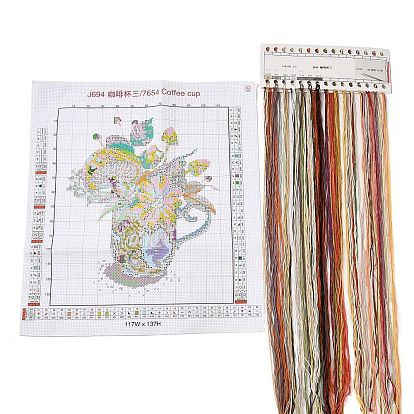 Teacup with Flower Pattern DIY Cross Stitch Beginner Kits, Stamped Cross Stitch Kit, Including 11CT Printed Cotton Fabric, Embroidery Thread & Needles, Instructions