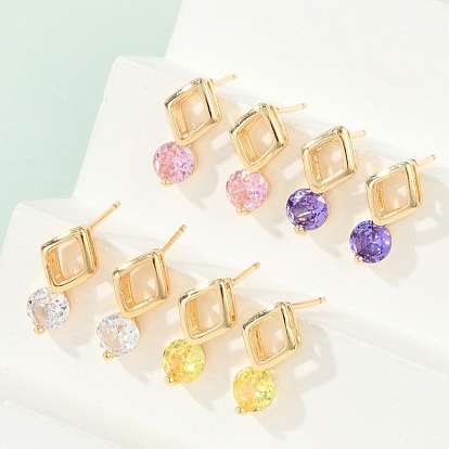 Серьги-гвоздики в форме ромба и плоского круглого кубического циркония из латуни с микропаве для женщин, без кадмия и без свинца, долговечный, стойки покрытие, золотые