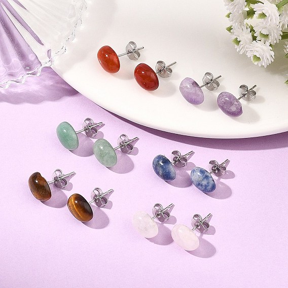 Серьги-гвоздики из натурального смешанного камня и нержавеющей стали, овальные