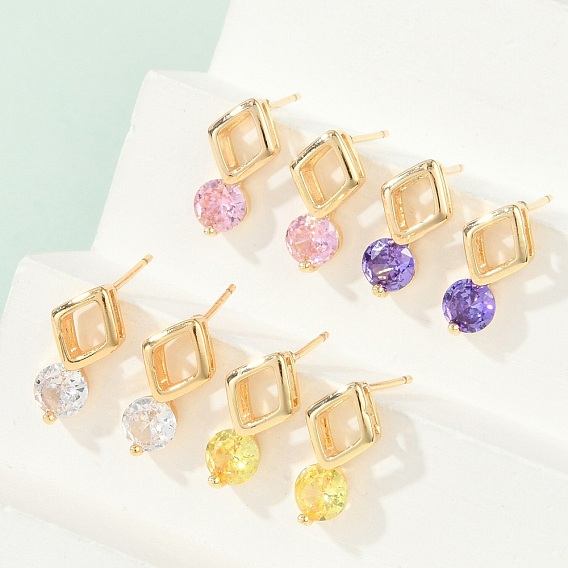 Серьги-гвоздики в форме ромба и плоского круглого кубического циркония из латуни с микропаве для женщин, без кадмия и без свинца, долговечный, стойки покрытие, золотые