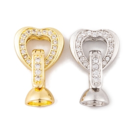 Rack Plating Brass Micro Pave Clear Cubic Zirconia Fold Over Clasps, Long-Lasting Plated, Lead Free & Cadmium Free, Heart