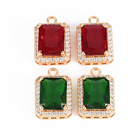 Brass Micro Pave Clear Cubic Zirconia Pendants, with Glass, Nickel Free, Real 18K Gold Plated, Faceted, Rectangle