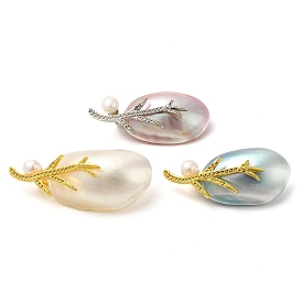 Oval Natural White Shell Brooches for Women, with Brass Pin & Pearl
