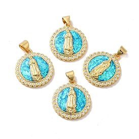 Rack Plating Brass Micro Pave Cubic Zirconia with Synthetic Opal Pendants, with Jump Ring, Lead Free & Cadmium Free, Long-Lasting Plated, Flat Round with Saint