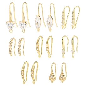 16шт 8 стили латунные крючки для сережек, с кубическим цирконием и горизонтальной петлей, без никеля 