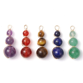 5Pcs 5 Styles Natural Green Aventurine & Tiger Eye & Lapis Lazuli & Carnelian & Amethyst Copper Wire Wrapped Pendants, Round Beaded Charms, Light Gold, Mixed Dyed and Undyed