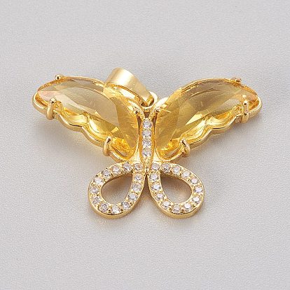 Латунь стекло кулоны, с прозрачным микропаве из кубического циркония, бабочка, золотые
