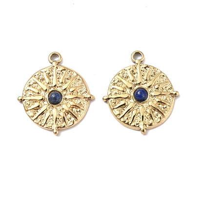 Gemstone Pendants, Flat Round Charms, with Vacuum Plating Real 18K Gold Plated 201 Stainless Steel Findings