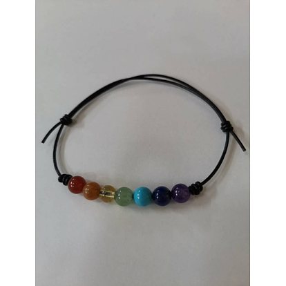Chakra Jewelry, Adjustable Cowhide Cord Bracelets, with Natural Mixed Gemstone Beads