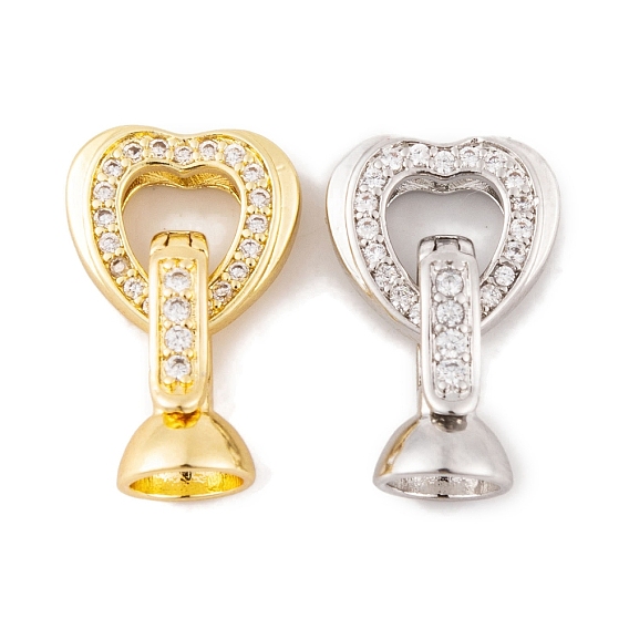Rack Plating Brass Micro Pave Clear Cubic Zirconia Fold Over Clasps, Long-Lasting Plated, Lead Free & Cadmium Free, Heart
