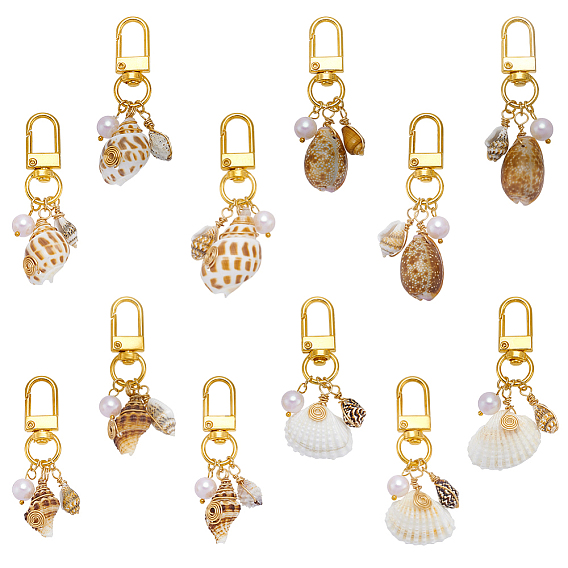 12 шт 4 стили подвесные украшения из натуральных ракушек, Бусины из пластика с помпоном и поворотные застежки из сплава, подвески для украшений сумок