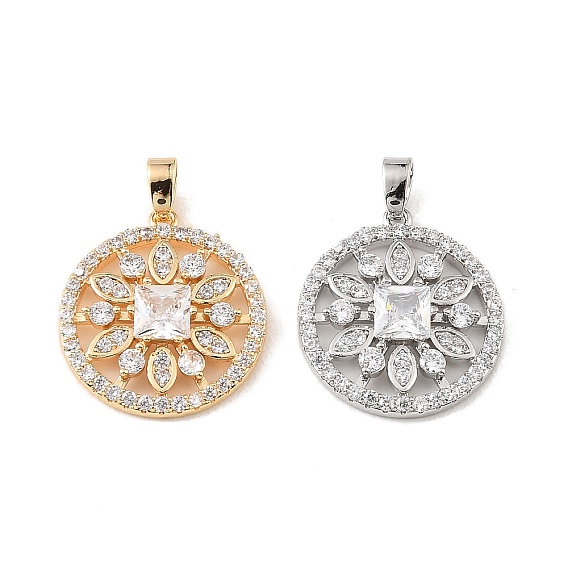 Подвески из латуни и прозрачного циркония, плоские круглые подвески с цветочным узором