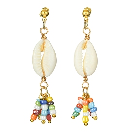 Natural Shell & Glass Seeds Dangle Stud Earrings, Brass Wire Wrap Earrings for Women