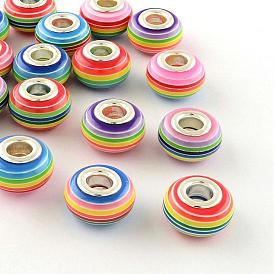 Resin European Beads, Large Hole Beads, with Silver Plated Brass Double Cores, Stripe, Rondelle
