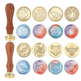 SUPERDANT 8Pcs 8 Style Wax Seal Brass Stamp Head, with Bird Pattern, Fish Pattern, Fox Pattern, Owl Pattern, Cat Pattern, with 2Pcs Pear Wood Handle, for Wax Seal Stamp