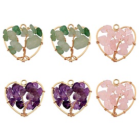 6Pcs 3 Styles Natural Gemstone Pendants, Natural Rose Quartz & Green Aventurine & Amethyst, with Brass Findings and Copper Wire Wrapped, Heart with Tree