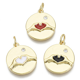 Brass Micro Pave Cubic Zirconia Pendants, with Enamel & Jump Rings, Nickel Free, Valentine's Day, Flat Round with Heart, Clear