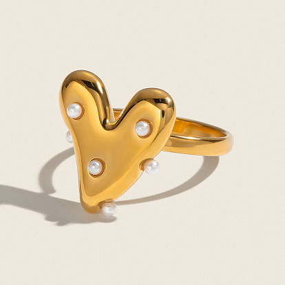 Heart 304 Stainless Steel Finger Rings for Women, with Imitation Pearl