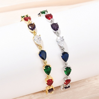 Латунь микро проложить кубического циркония браслеты ссылку, браслеты-цепочки в форме слезы для женщин, стойки покрытие, долговечный, без свинца и без кадмия