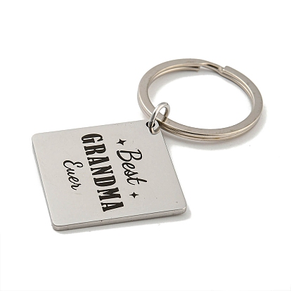 Mother's Day Gift 201 Stainless Steel Flat Round/Rhombus/Rectangle with Word Keychains, with Iron Key Rings
