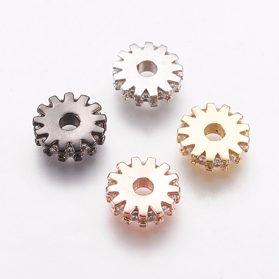 Brass Micro Pave Cubic Zirconia Bead Spacers, Flat Round/Gear, Clear