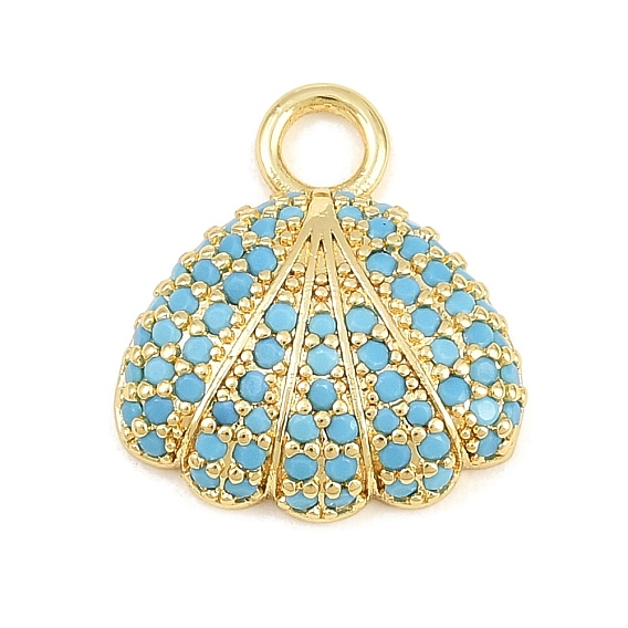 Brass Micro Pave Sky Blue Cubic Zirconia Pendants, Shell Shape Charms, Rack Plating, Long-Lasting Plated, Lead Free & Cadmium Free