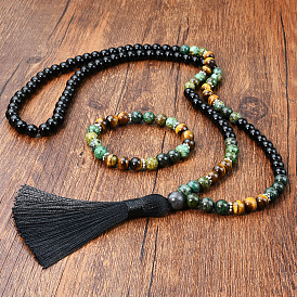 Natural Black Stone & African Turquoise(Jasper) & Tiger Eye Round Rosaries Beaded Tassel Pendant Necklaces & Bracelets Sets