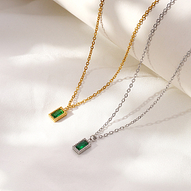 Vintage 304 Stainless Steel Emerald Rhinestone Rectangle Pendant Necklaces for Women