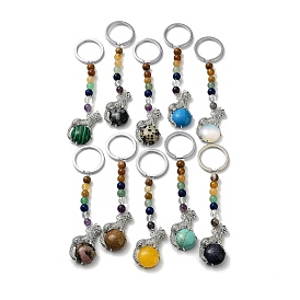 Natural & Synthetic Gemstone & Brass Cheetah Keychain, with 7 Chakra Gemstone Bead and Iron Rings, Lead Free & Cadmium Free