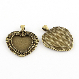 Tibetan Style Heart Alloy Pendant Cabochon Settings, Lead Free & Cadmium Free, Tray: 25x25mm, Fit for 2mm, 48.5x40x7mm, Hole: 6mm, about 86pcs/1000g