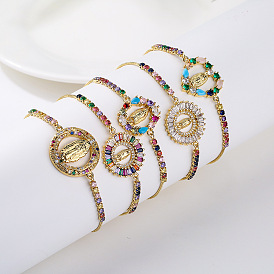 Fashionable Multicolored Zirconia Virgin Mary Bracelet for Women with Copper Gold Plating