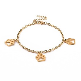 304 Stainless Steel Hollow Dog Paw Prints Charm Bracelet with Cable Chains for Women