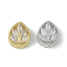 Rack Plating Brass Micro Pave Cubic Zirconia Beads, Long-Lasting Plated, Lead Free & Cadmium Free, Teardrop with Leaf