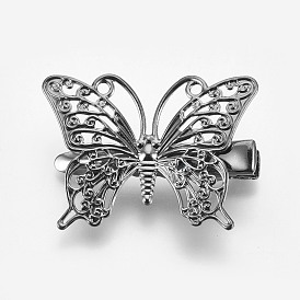 Rack Plating Hair Accessories Iron Alligator Hair Clip Findings, with Brass Filigree Cabochon Bezel Settings, Butterfly