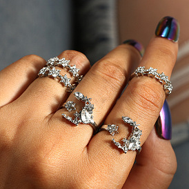 Geometric Star Moon Open Joint Ring Set with Diamonds - 5 Pieces