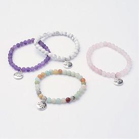 Flat Round Alloy Charm Bracelets, with Natural Gemstone Beads, Antique Silver