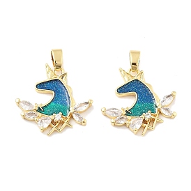Подвески из латуни, эмали, микропаве и циркония, без кадмия, без никеля и без свинца, единорог, с блеском порошок, реальный 18 k позолоченный