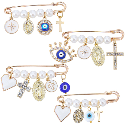 4шт. 4 стили: булавки для килта из сплава со стразами и эмалью, с изображением сглаза, креста и сердца, Девы Марии, подвески, броши-булавки