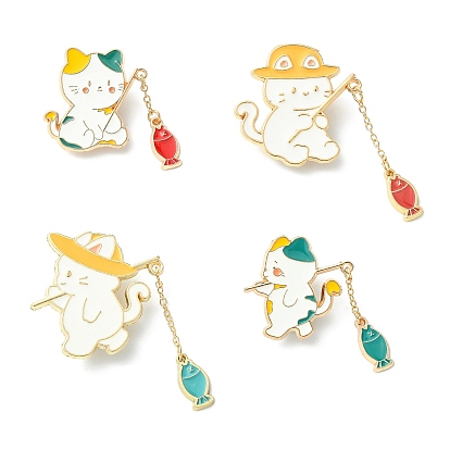 4Pcs 4 Styles Cat and Fish Enamel Pin, Gold Plated Alloy Badge for Backpack Clothes