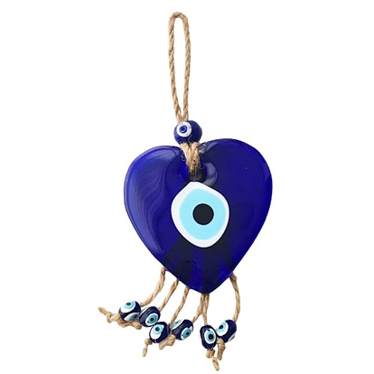 Heart with Evil Eye Glass Pendant Decorations, Hemp Rope Hanging Ornament
